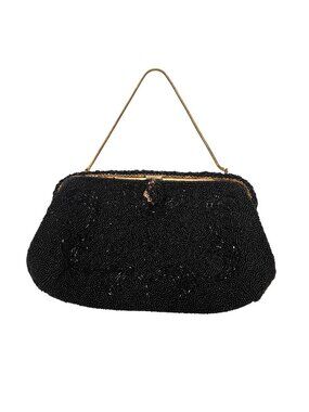 Vintage 1930's Black Seed-Beaded Scrollwork Evening Bag Hand Made in France Gold